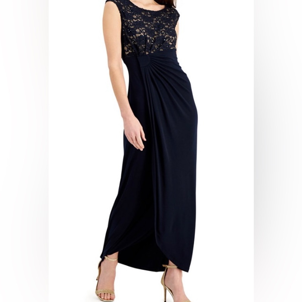 Connected Apparel Lace bodice faux-wrap Gown Women’s 14 Blue Party Formal Dress